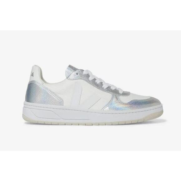 Veja V 10 Iridescent Metallic Sneakers Leather And Canvas White Silver Size 8 - Picture 2 of 13